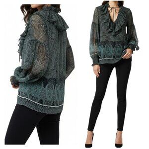 Alice + Olivia Julius Paisley Ruffle Blouse Green Black L